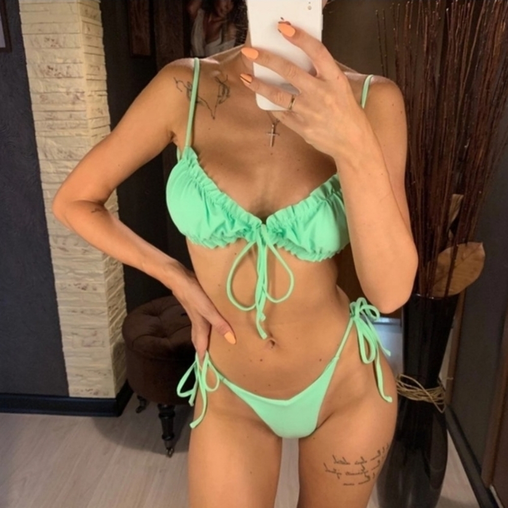Light Green Ruched Top and Brazilian Bottom Bikini Set